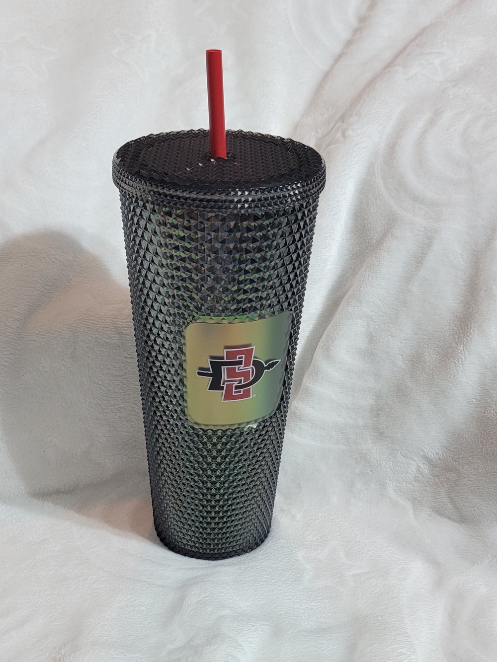 Starbucks SAN DIEGO STATE Black W EMARL GREEN Studded Tumbler with Red Straw